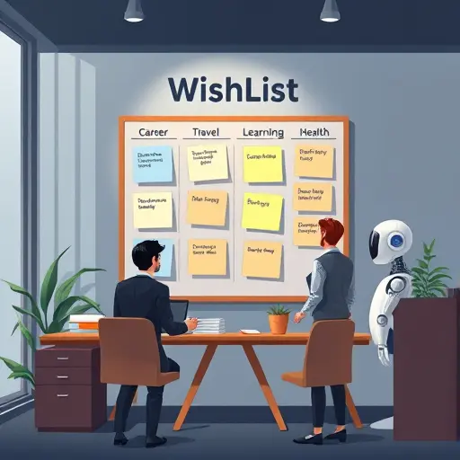 animated wishlist concept board with categorized sticky notes (career, travel, learning, health)