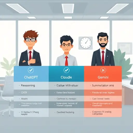 clean comparison chart illustration of AI models (ChatGPT, Claude, Gemini)