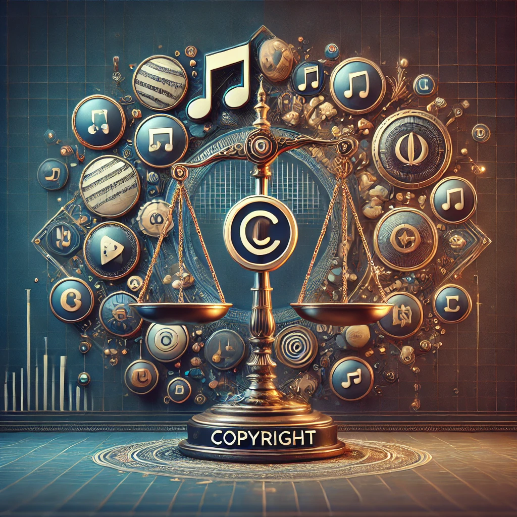 illustrated scale balancing music notes and a shield icon labeled