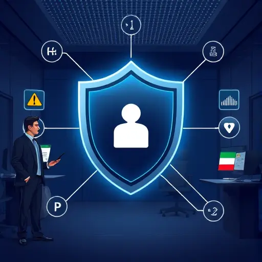 security shield icon with AI chat symbols, dark UI, warning and success badges, clean vector illustration, no text