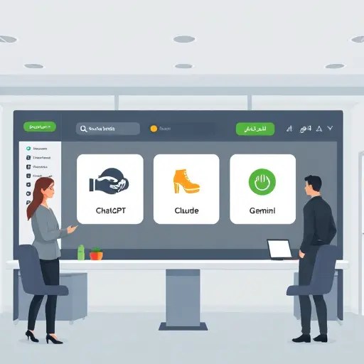 clean animated dashboard showing model selection cards labeled ChatGPT, Claude, Gemini icons, dark theme, green accent, minimalistic UI, text-
