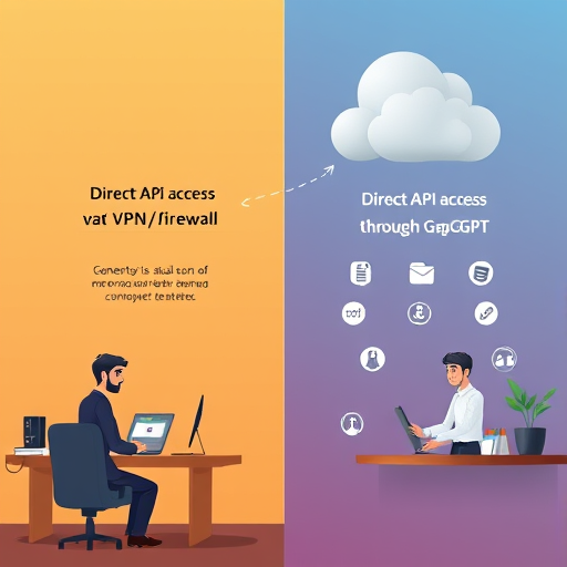 animated diagram comparing direct API access via VPN/firewall vs.