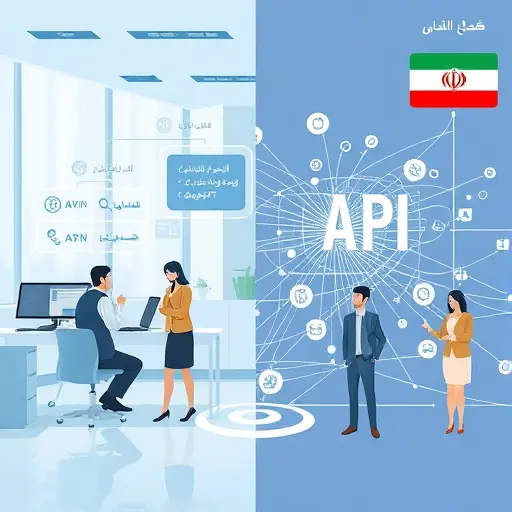 abstract network diagram, left side showing complex VPN routing and sanctions blocks, right side seamless direct API connection to Iranian GapGPT platform, animated style, no text