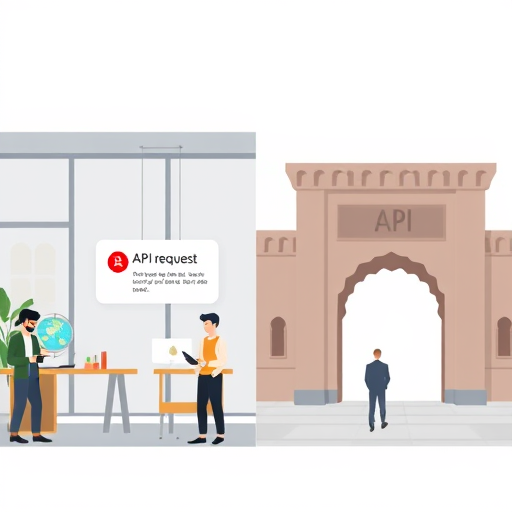 side-by-side cartoon illustration showing AI API request: left side with firewall, globe and error icons (representing sanctions issues);(symbolizing GapGPT), no text