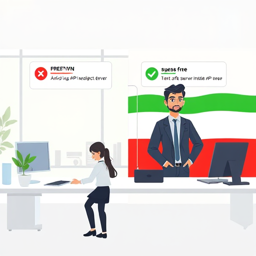 split-screen illustration showing two workflows:; on right side, seamless direct connection to GapGPT API server inside Iran with green success checkmarks, text-free