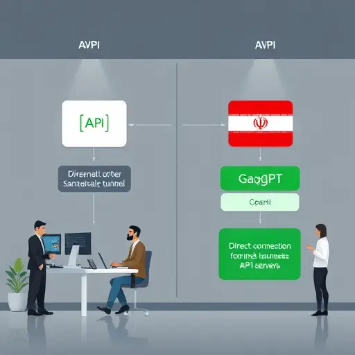 modern API architecture diagram illustration showing two scenarios: one with a web server connected to OpenAI API through a VPN/sanctions-breaker tunnel (with warnings)