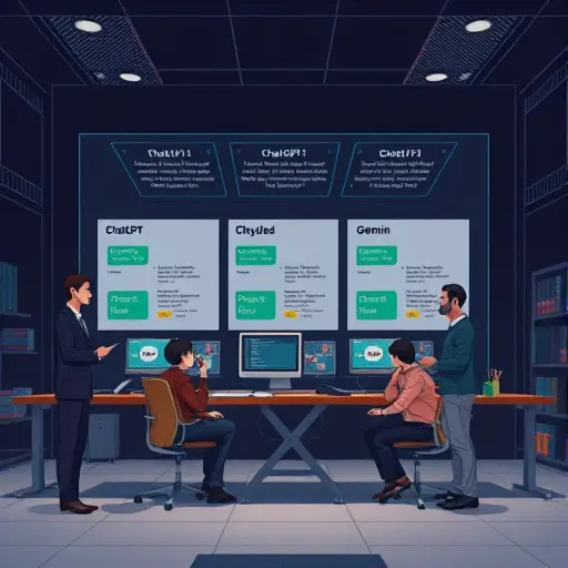 animated illustration of a dark-themed Iranian AI platform comparing outputs from ChatGPT, Claude, and Gemini for a logic puzzle;
