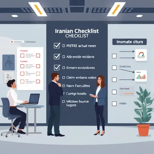 illustrated checklist for unbiased news summarization, with claim-evidence links, neutral tone meter, and multi-source icons;