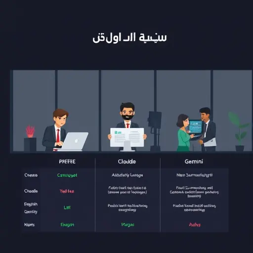 clean comparison chart illustration of ChatGPT, Claude, Gemini for news summarization, icons for speed, accuracy, multilingual;