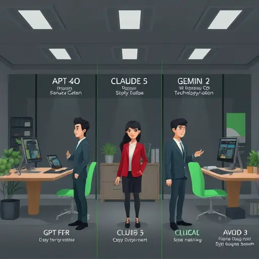modern comparison illustration of AI models (GPT-4o, Claude 3.5 Sonnet, Gemini 2 Flash) with icons for summarization, style matching, multi-source search, dark theme, green accents, text-free