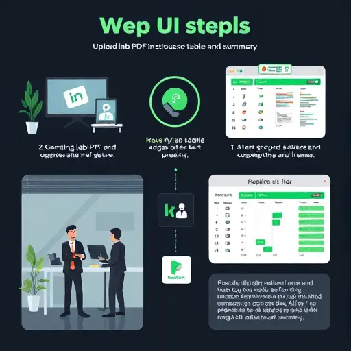 step-by-step dark UI infographic: upload lab PDF, choose AI model, get structured table and summary, clean animated design, green accents, text-free