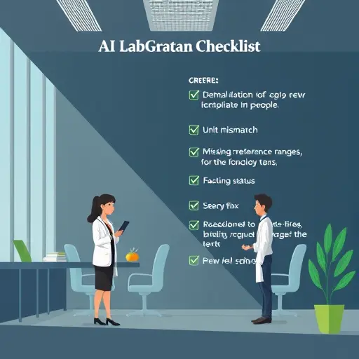 troubleshooting checklist illustration for AI lab analysis: unit mismatch, missing reference ranges, fasting status, image skew fix, dark themed UI, green accents, text-free