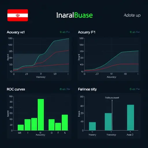 clean abstract charts showing accuracy vs F1, ROC curves, fairness balance scales, and a reproducibility seed icon;
