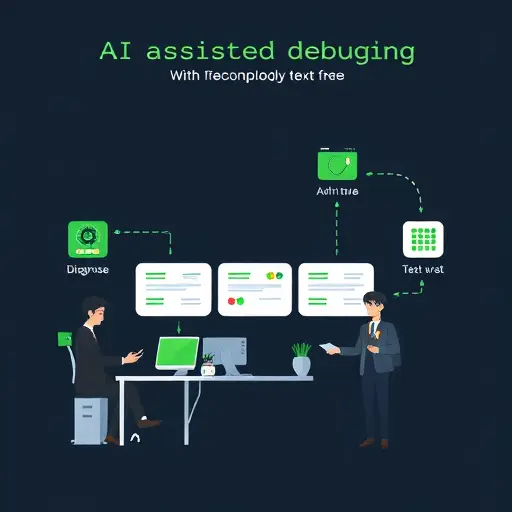 flow-style illustration of AI-assisted debugging: icons for stack trace, runtime version, dependencies, test coverage; arrows showing diagnose → fix → test;
