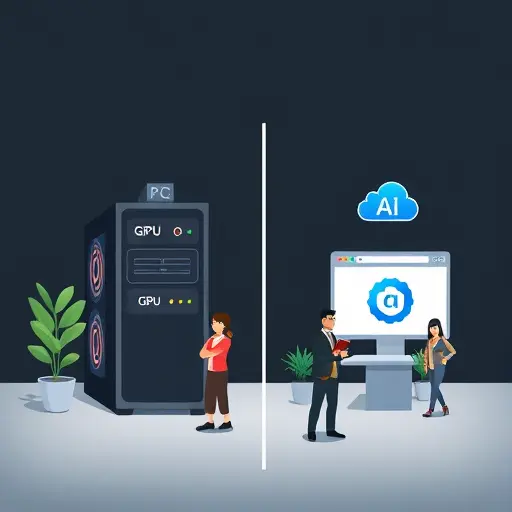 animated illustration comparing local offline AI model installation (PC tower with GPU icons and large file download bar) versus cloud-based online AI access (browser window with AI logo)