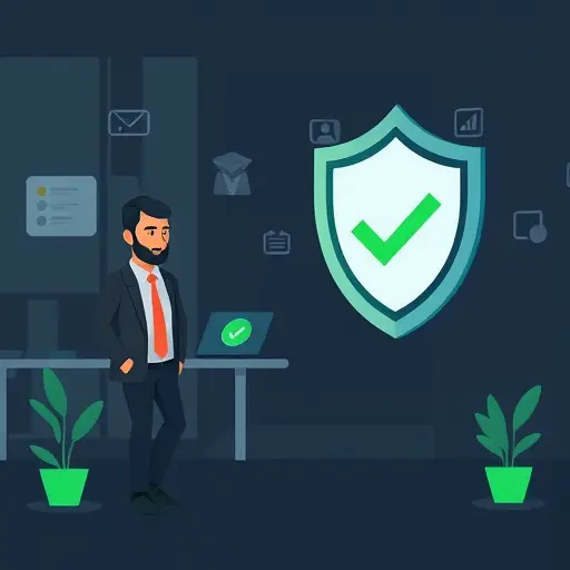 abstract illustration of security and trust for AI app downloads, shield and checkmark icons, dark background, subtle green accents, text-free
