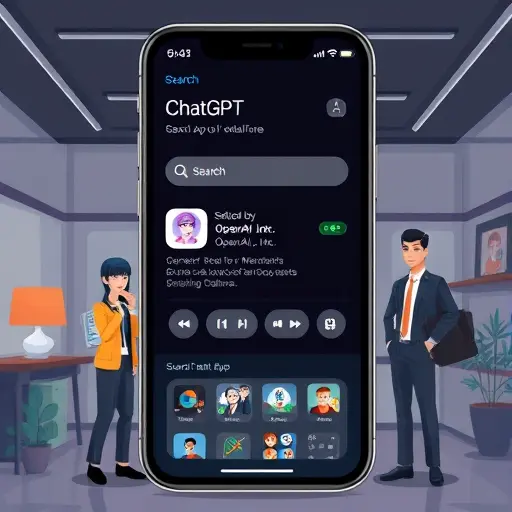 iPhone App Store interface illustration showing search for 
