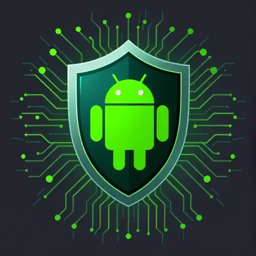 secure download concept for Android: a shield with the Android robot, abstract circuit background, dark theme with green accents, clean illustration, text-free, professional