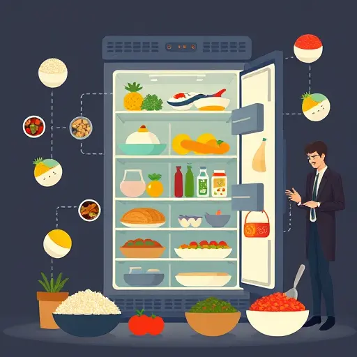 animated fridge filled with ingredients (rice, herbs, beans, fish, yogurt)