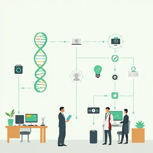 illustration of precision medicine workflow with DNA helix, patient data streams, and AI decision nodes;#94d3a2, text-