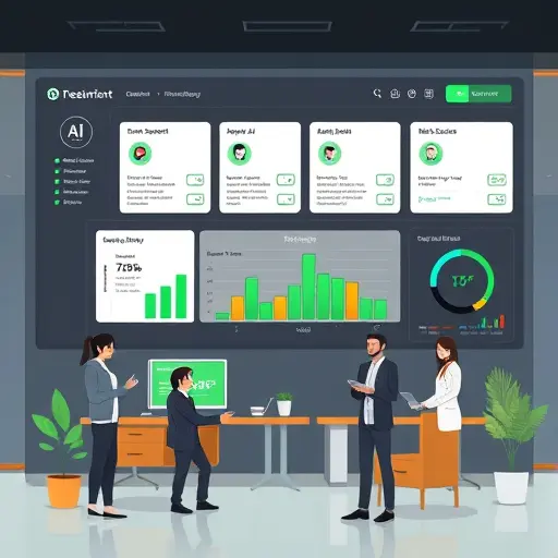 animated dashboard showing AI treatment recommendation cards, dosage schedule timeline, and risk scores; clean UI illustration, dark background, green accents, text-free, no real people