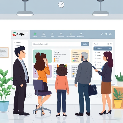clean cartoon style illustration showing GapGPT API dashboard with highlighted documentation tab, Farsi UI elements, animated code samples and search bar, no text