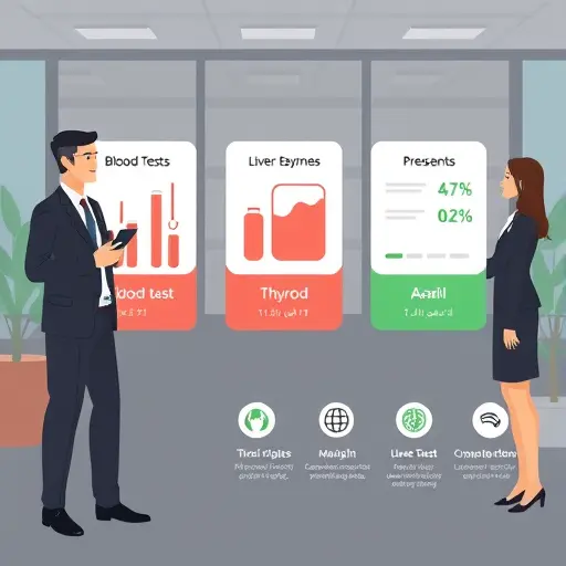 clean infographic-style illustration showing three panels for blood tests, thyroid function, and liver enzymes, AI assistant icons, dark theme with green accents, minimal, text-free