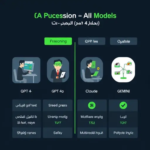 comparison chart illustration of AI models (GPT-4, GPT-4o, Claude, Gemini) with icons representing reasoning, speed, safety, and multimodal inputs, dark background, green accents, text-free