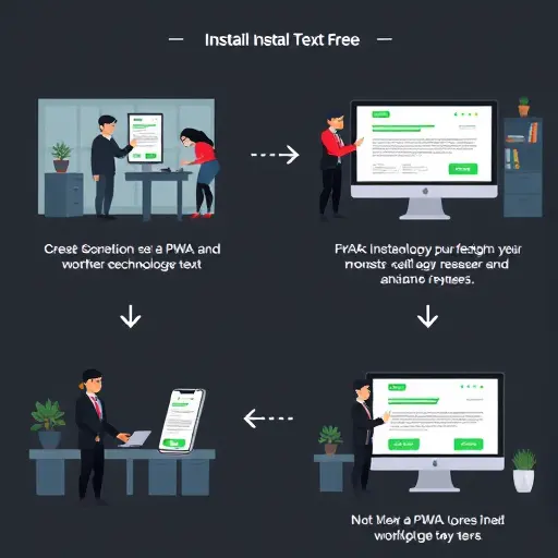 step-by-step illustration of installing a PWA on mobile and desktop browsers, dark theme UI, green highlight buttons, simple icons, no text