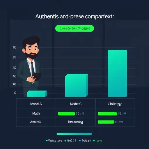 clean benchmark comparison bars, three models side-by-side with abstract labels (Model A, Model B, Model C)