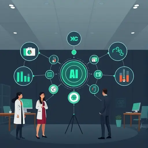 abstract illustration of multiple lab panels (CBC, glucose, lipids, liver, thyroid) connected to an AI analysis node, minimal geometric design, dark theme, green accent, text-free