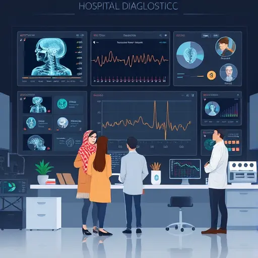 animated hospital diagnostics dashboard with AI icons analyzing x-