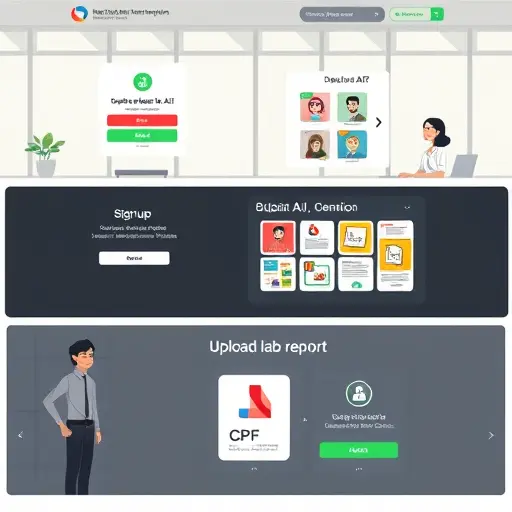 )) model selection tiles (GPT-4o, Claude, Gemini), 3) upload lab report (PDF/photo) with OCR icon;