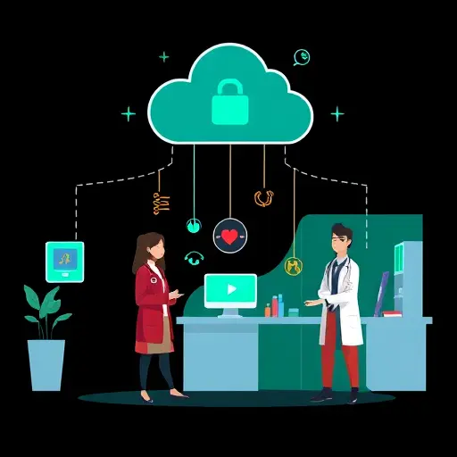abstract illustration of AI medical assistance with icons (stethoscope, heartbeat, capsule) connecting to a secure cloud, dark background with green accent, minimalist, no text
