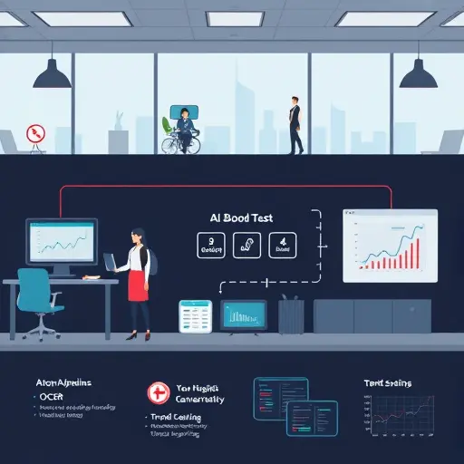 illustrated pipeline of AI blood test analysis, steps: OCR, unit normalization, rule-based checks, machine learning risk scoring, trend visualization;
