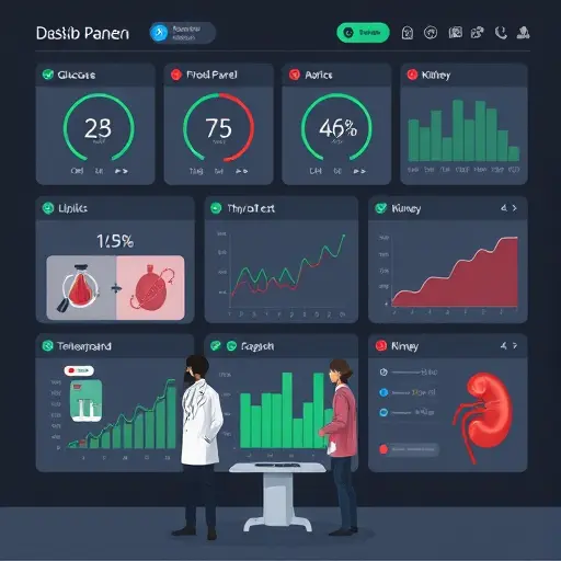 dashboard-style illustration showing multiple blood test panels (CBC, glucose, lipids, thyroid, inflammation, kidney), with green checks and red flags, dark UI, minimal infographic, text-free