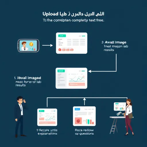 step-by-step illustrated flow for uploading lab results to an AI platform: capture image, upload, confirm units, receive explanation, ask follow-up questions; clean dark UI, icons, text-free