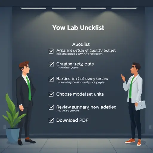 animated checklist illustration for lab upload steps: anonymize data, choose model, set units, review summary, download PDF;