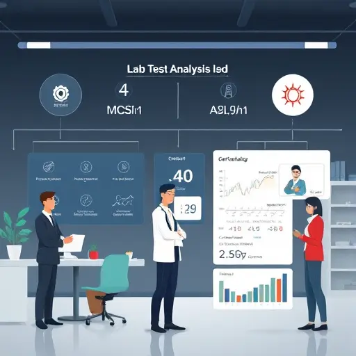 animated illustration of lab test analysis workflow, icons for unit normalization, context inputs (age, medication)