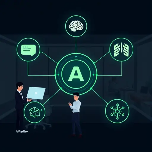 abstract hub-and-spoke illustration showing a central AI platform node connected to three generic AI model icons (chat bubble, abstract brain, twin-star shape), dark UI theme, green accent lines, clean, text-