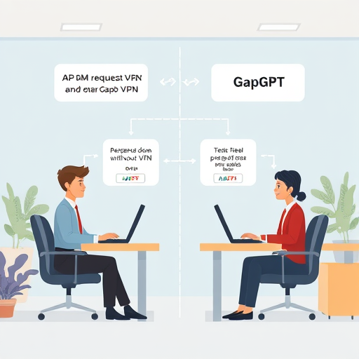 clean animated diagram comparing API request with and without VPN: on one side, an API call is blocked and on the other, it flows freely through GapGPT;