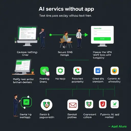 step-by-step illustrated workflow for accessing AI services without VPN: browser settings, secure DNS icon, email signup, two-factor authentication, generic AI app icons, dark UI with green accents, text-free