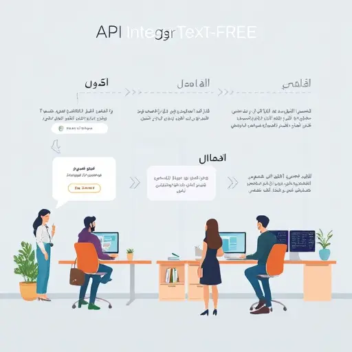 cartoon illustration showing step-by-step API integration: signup, API key setup, model selection, request/