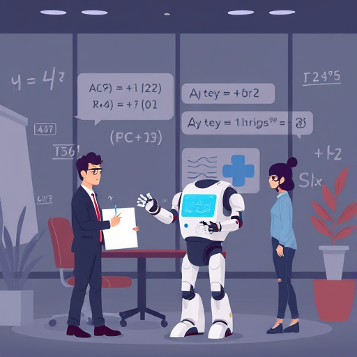 cartoon illustration of a chatbot assisting with solving a complex equation, animated mathematics symbols and digital interface elements, dark mode, no text