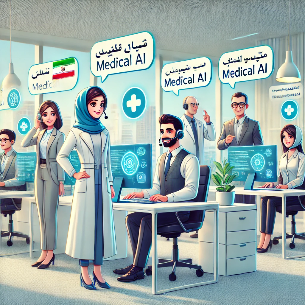 cartoon style illustration of GapGPT support team helping users online with medical AI questions, chat bubbles and friendly icons, text-free