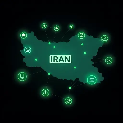 abstract map of Iran connected to cloud AI nodes (ChatGPT, Claude, Gemini)