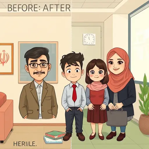 before and after cartoon illustration of a faded family photo turned into a sharp, colorful picture by AI, split-