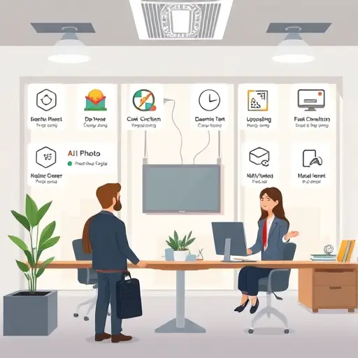 cartoon-style technology interface illustrating multiple AI photo enhancement features like denoise, color correction, upscaling, and repair, hovering icons, no text