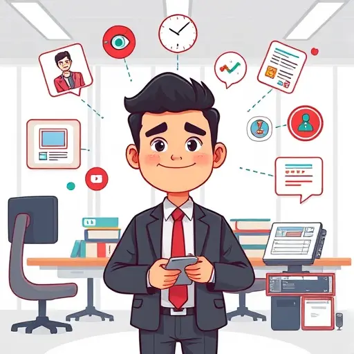 modern cartoon-style illustration of a happy Iranian user surrounded by various AI-