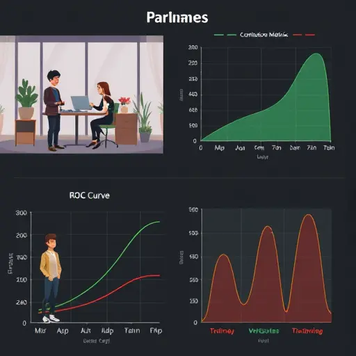 animated chart pack: ROC curve, PR curve, confusion matrix heatmap, minimal dark theme, green-